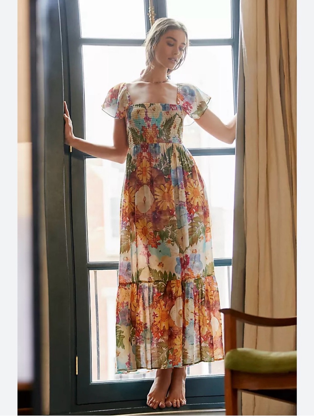 Anthropologie Floral Smocked Maxi Dress in Multicolor Floral